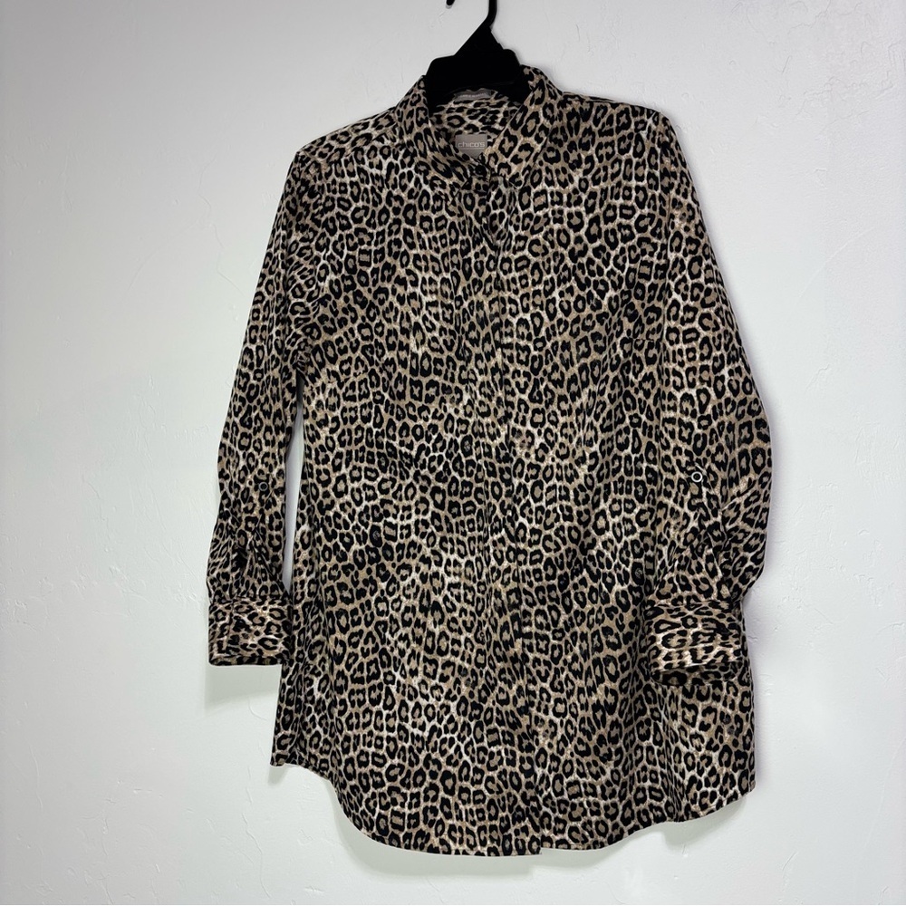 Chico's Women's Button Front Shirt Blouse Leopard Size 1/8 Medium Wrinkle Resist